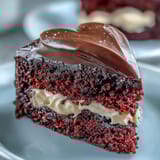 Close-up of a slice of Red Betty Boop Heart Cake revealing soft red crumb layers and rich frosting. 