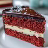 Sliced piece of Betty Boop Cake reveals velvety red crumb layers and tangy cream cheese buttercream on a dessert plate.