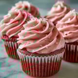 Freshly baked pink velvet cupcakes with fluffy vanilla buttercream frosting and edible pearl decorations on a marble counter.