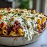 Fork-ready slice of Cottage Cheese Protein Pasta Bake with Ground Beef on a plate, next to fresh basil garnish.
