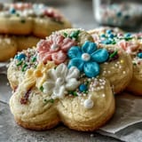 2. Buttery flower cookies decorated with colorful royal icing, ideal for festive springtime treats.  