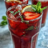 Refreshing Hibiscus Strawberry Lemonade, a sweet and tart ruby-red summer sipper.