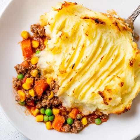 Cheesy mashed potato topping on Shepherds Pie is broiled to perfection, served bubbling hot for a comforting family dinner.