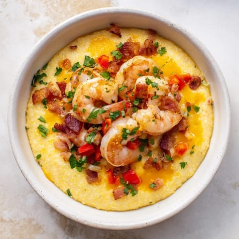 Plated Shrimp and Grits with a vibrant medley of sautéed vegetables and fresh parsley garnish, ideal for dinner.