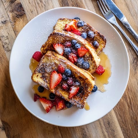 Stack of fluffy French toast with fresh berries and a drizzle of maple syrup on a rustic wooden table.