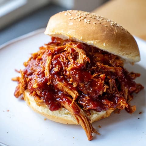 Juicy Pulled Pork Sandwich with smoky barbecue sauce, dill pickles, and coleslaw on a toasted bun.