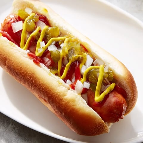 Classic American Hot Dogs served in soft buns with diced onions and a side of chips.