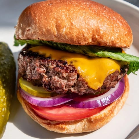 Golden-brown seasoned beef patties sizzling on the grill, ready to be stacked on toasted buns with fresh lettuce and tomato.