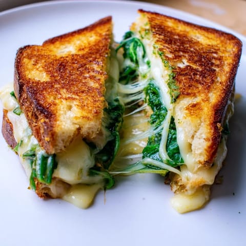 A vegetarian Spinach Pesto Grilled Cheese sandwich resting beside a fresh green salad, ready for a satisfying, flavorful meal.  