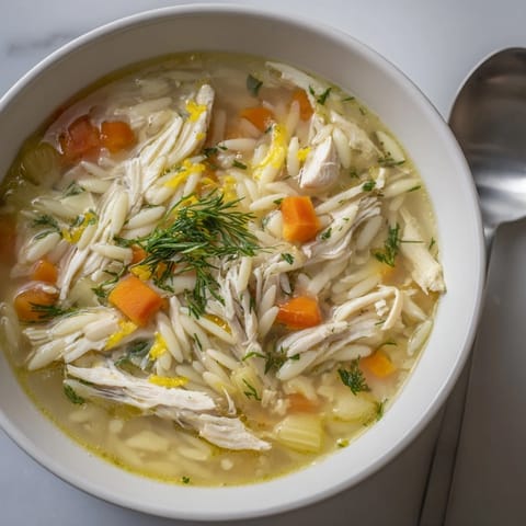 A close-up of Chicken Lemon Orzo Soup garnished with fresh dill and parsley, with lemon slices and Parmesan nearby.