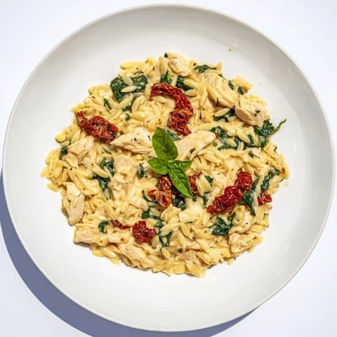A close-up of Tuscan Chicken Orzo with spinach, fresh basil garnish, and melted Parmesan cheese in a rich, creamy sauce.