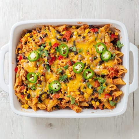 Golden-brown baked Chicken Burrito Pasta Bake served in a white dish, featuring gooey cheese, black beans, and corn kernels.