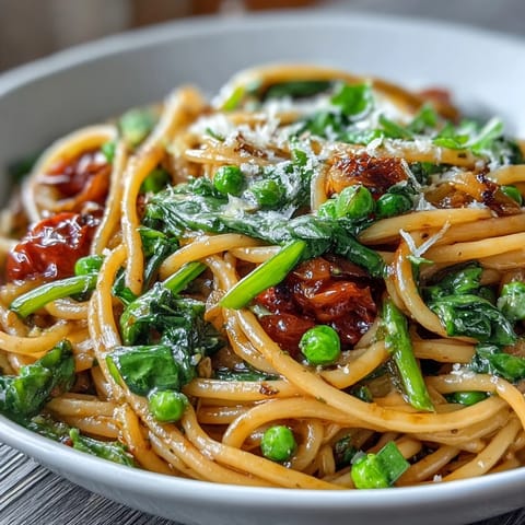 A steaming bowl of Spring Veggie One-Pot Spaghetti with peas, spinach, and cherry tomatoes, garnished with fresh basil and grated Parmesan cheese.  