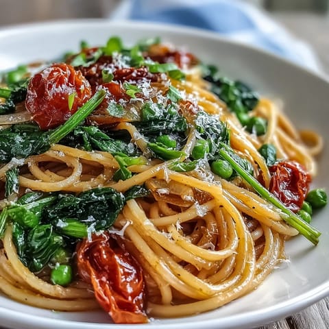 Spring Veggie One-Pot Spaghetti in a white bowl, featuring al dente pasta, vibrant green peas, and halved cherry tomatoes on a rustic wooden table.  