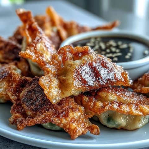 Delicious smashed gyozas with crispy bottoms and tender wrappers, ready to be enjoyed as an appetizer.