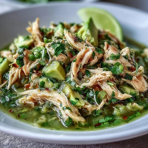 Steaming pot of homemade Chicken Chili Verde with tender shredded chicken and a bright green tomatillo sauce.