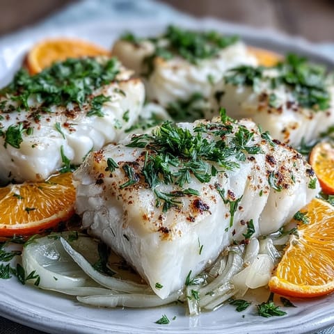 Tender Poached Cod With Fennel and Orange plated on white dish, garnished with fennel fronds and a bright citrus zest.