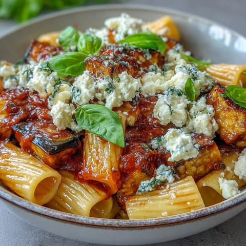 Pasta alla norma served in a white bowl with rigatoni, basil, and a glass of crisp white wine.