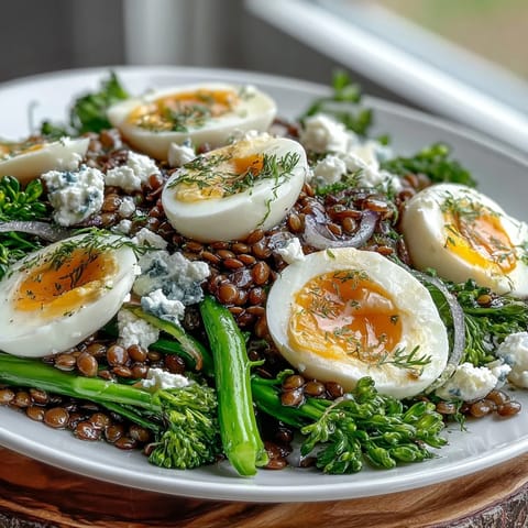 A close-up of French Lentil Salad featuring jammy eggs, crisp broccolini, and a tangy Dijon vinaigrette drizzle.