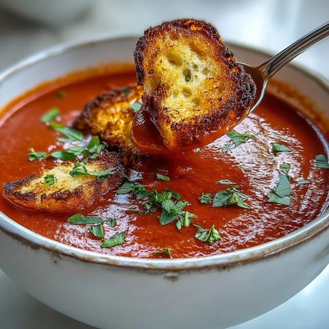 Velvety roasted red pepper soup with crispy croutons, served steaming hot for a comforting, easy Mediterranean lunch.