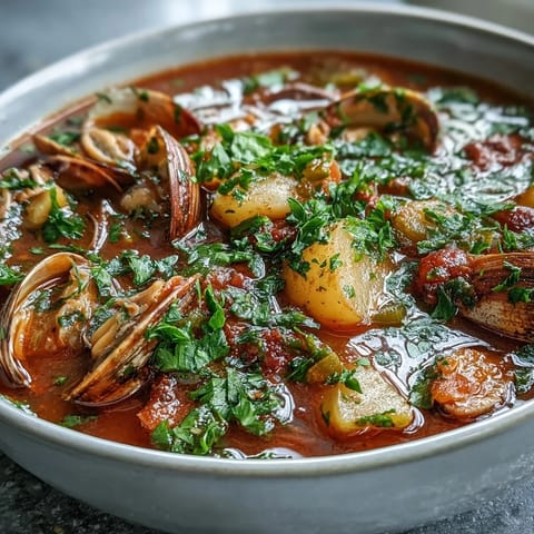 Manhattan Clam Chowder served hot in a white bowl, garnished with parsley and accompanied by oyster crackers for a classic New England touch.  