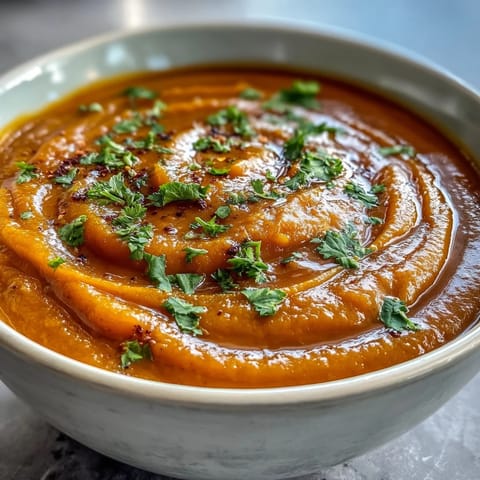 Creamy orange Carrot and Lentil Soup with fresh herb garnish in a rustic white bowl.  