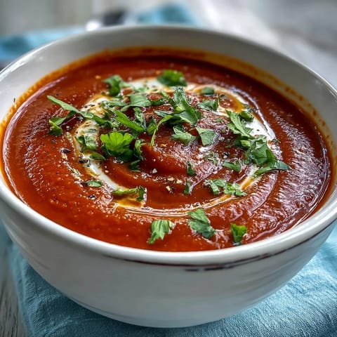 Silky roasted red pepper soup swirled with creamy yogurt and fresh cilantro in a rustic bowl.  