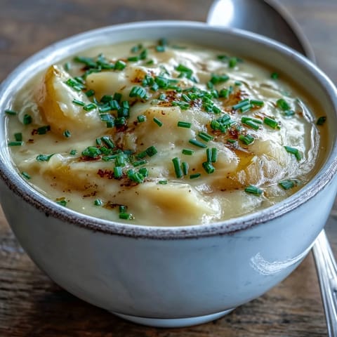 A close-up of creamy Potato Leek Soup garnished with fresh chives, served in a rustic bowl.  