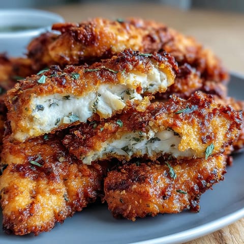 Crispy Air Fryer Chicken Strips resting on a white plate with dipping sauces.