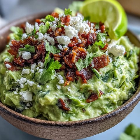 Bacon Guacamole With Cotija Cheese is scooped from a bowl, garnished with crispy bacon crumbles and fresh cilantro.