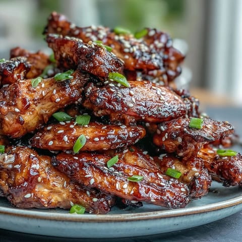 Coca Cola Chicken Wings glistening in a sticky glaze with scallions and sesame seeds on a platter. 
