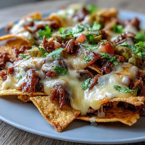 Loaded BBQ Beef Nachos topped with melted cheddar, Monterey Jack, pickled jalapeños, and fresh cilantro on a platter.
