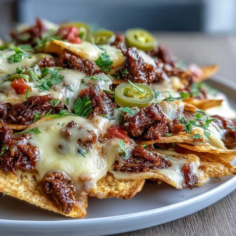 Hearty smoky barbecue beef and gooey cheese blanket crispy tortilla chips for a savory game day appetizer.