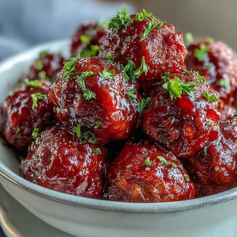 Slow-cooker Grape Jelly and Chili Sauce Meatballs simmering in a glossy, sweet and tangy red sauce, ready to serve hot as an appetizer.