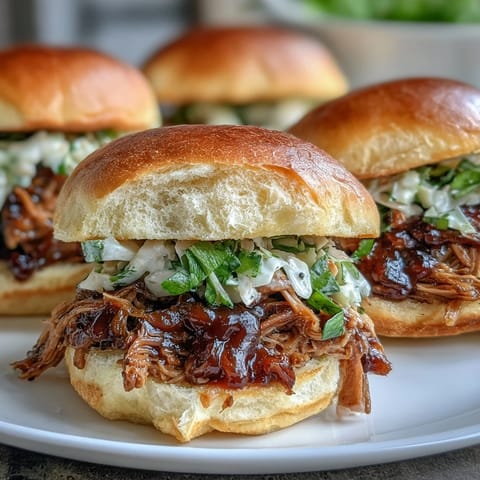 Savory Applesauce Pulled Pork Sandwiches topped with creamy coleslaw and served with pickle spears on a plate.