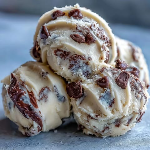 A chilled scoop of Greek Yogurt Cookie Dough shows creamy butter and chocolate chips in a white bowl.
