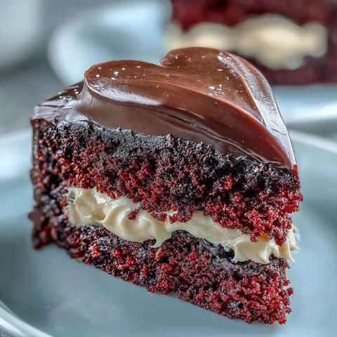 Close-up of a slice of Red Betty Boop Heart Cake revealing soft red crumb layers and rich frosting. 