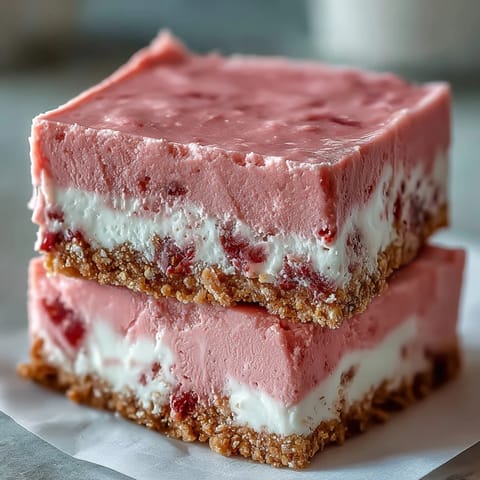 Vibrant pink No-Bake Strawberry Fudge Squares are lifted from a parchment-lined pan, revealing a neat grid and a dusting of freeze-dried strawberry pieces.