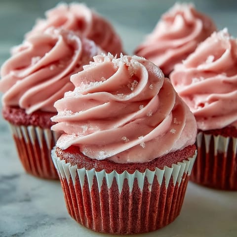 Freshly baked pink velvet cupcakes with fluffy vanilla buttercream frosting and edible pearl decorations on a marble counter.