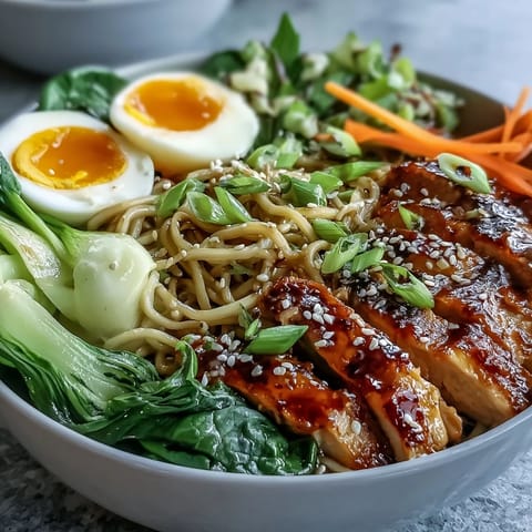 Healthy Miso Chicken Noodle Bowls feature sliced chicken, soba noodles, and bok choy swimming in a steamy, savory broth with a soft-boiled egg.