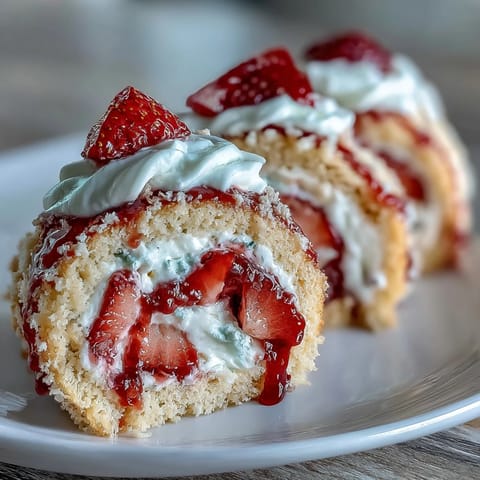 Thin golden crepes rolled with airy sponge cake and fresh strawberry slices for a Strawberry Shortcake Sushi Roll.