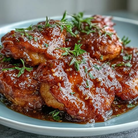 Juicy Slow Cooker Honey Mustard Chicken bathed in sweet and tangy sauce, garnished with thyme and ready for mashed potatoes.