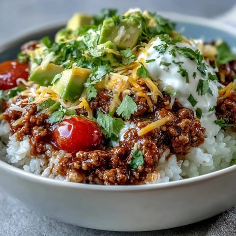 Hearty Turkey Taco Bowl with seasoned ground turkey, fluffy rice, fresh avocado, and cheese.