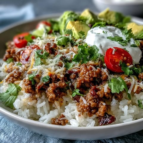 Sizzling ground turkey with taco fixings in a colorful Turkey Taco Bowl, ready to serve.