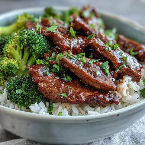 Beef and Broccoli Bowl features tender beef strips and crisp steamed broccoli piled high over fluffy white rice with savory sauce.