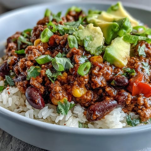 Steaming bowl of hearty Chili Bowl Base served over fluffy white rice with shredded cheese.