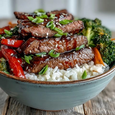 Close-up of a delicious Teriyaki Beef Bowl featuring tender beef slices glazed in shiny sauce over fluffy rice with sautéed broccoli and carrots.