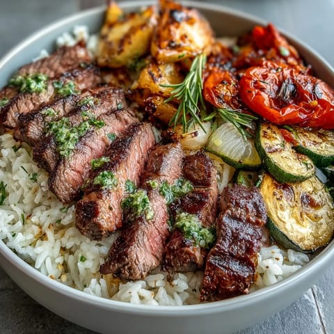 Freshly grilled steak slices rest atop fluffy white rice with colorful roasted vegetables on a wooden table, with chimichurri sauce being drizzled over the Grilled Steak Bowl.