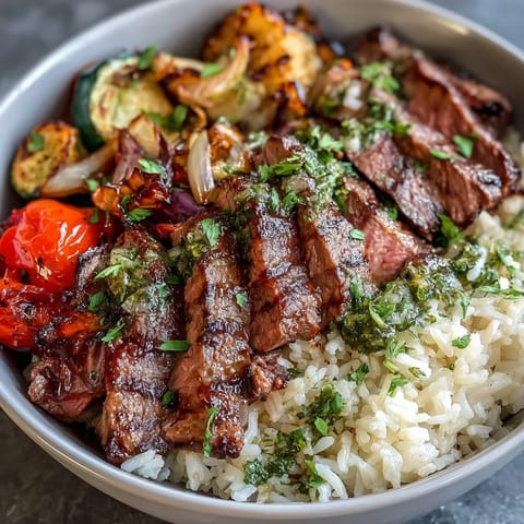 A close-up shows a vibrant Grilled Steak Bowl filled with tender steak, roasted zucchini, bell peppers, and onions, all tossed in a fresh, green chimichurri sauce.
