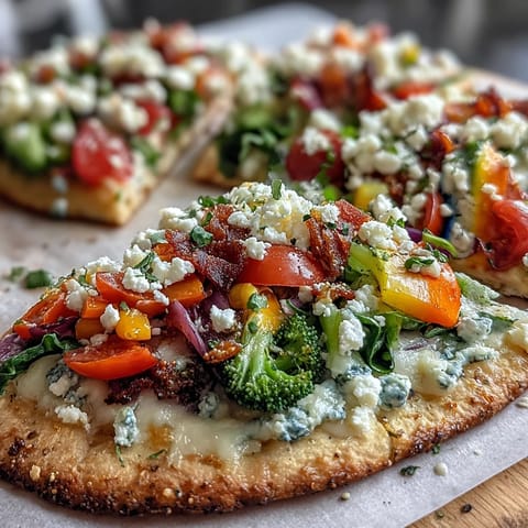 Vibrant St. Patrick's Day Rainbow Veggie Flatbread Pizza with colorful fresh vegetables arranged in a festive rainbow pattern on a crisp golden crust.